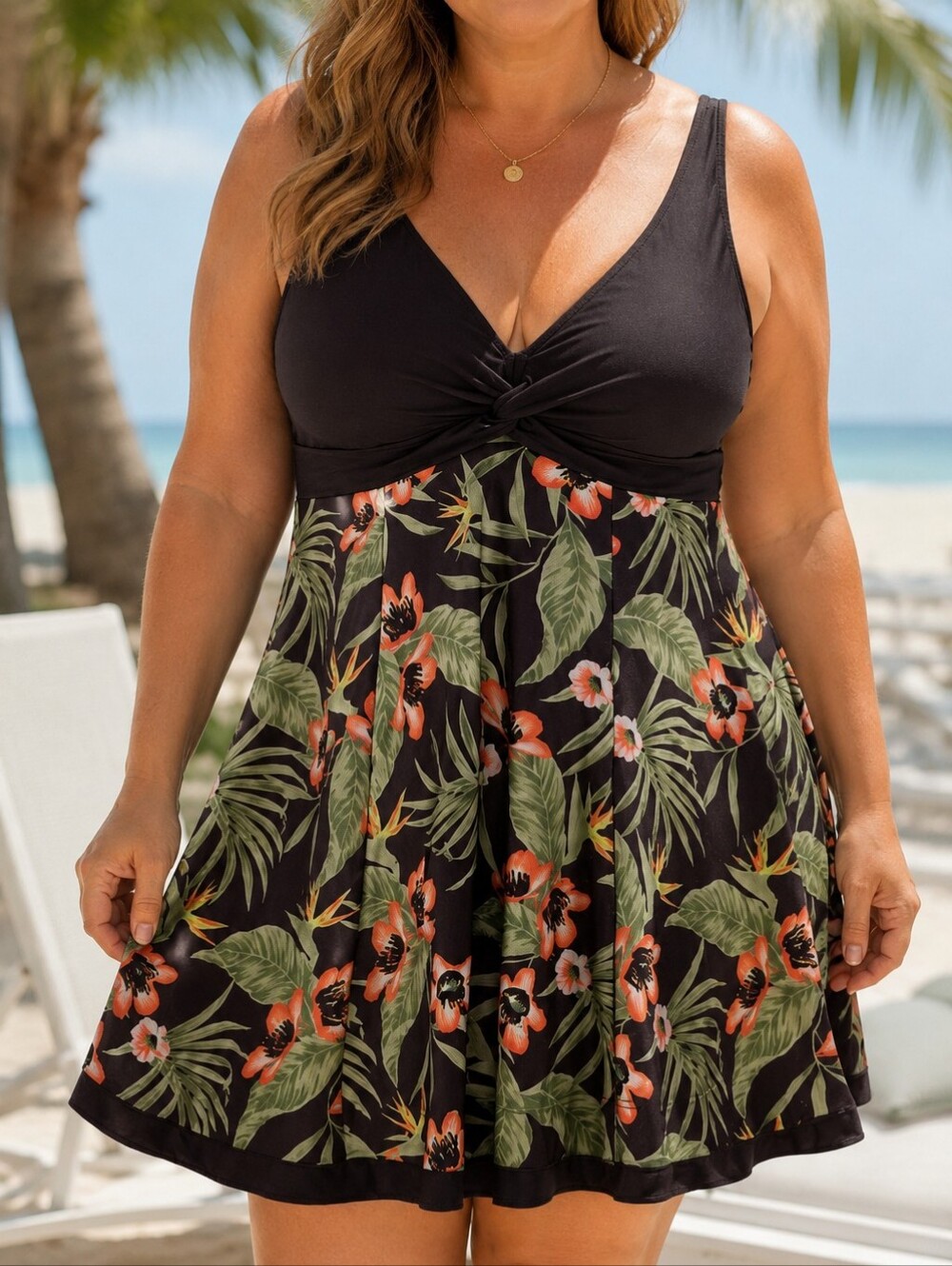 Black Floral One-Piece Swimdress with Peach and Green Tropical Print